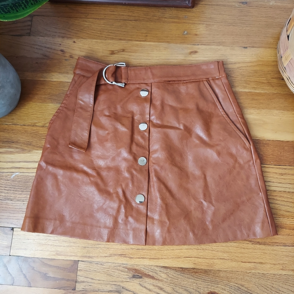 Zara Faux Brown Leather Mini Skirt With Shorts With Belt Size Small